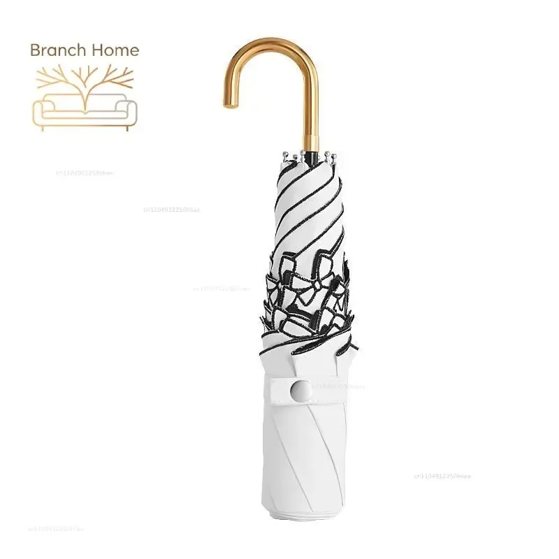 Three-fold handle sun umbrella, portable embroidered folding sun umbrella, UV protection, suitable for both sunny and rainy days