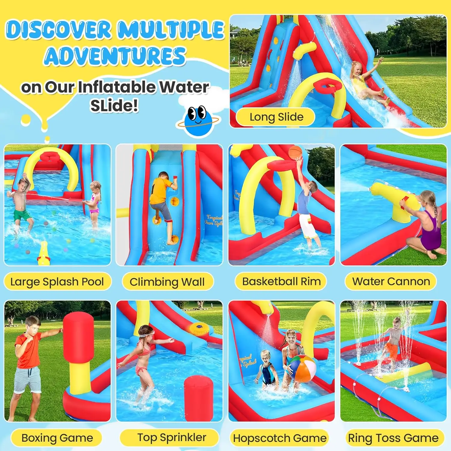 Inflatable Water Slide Bounce House, 13.2x10Ft 13-in-1 Bounce House Obstacle Course Waterslides, Summer Fun w/Boxing Pole/Slide/