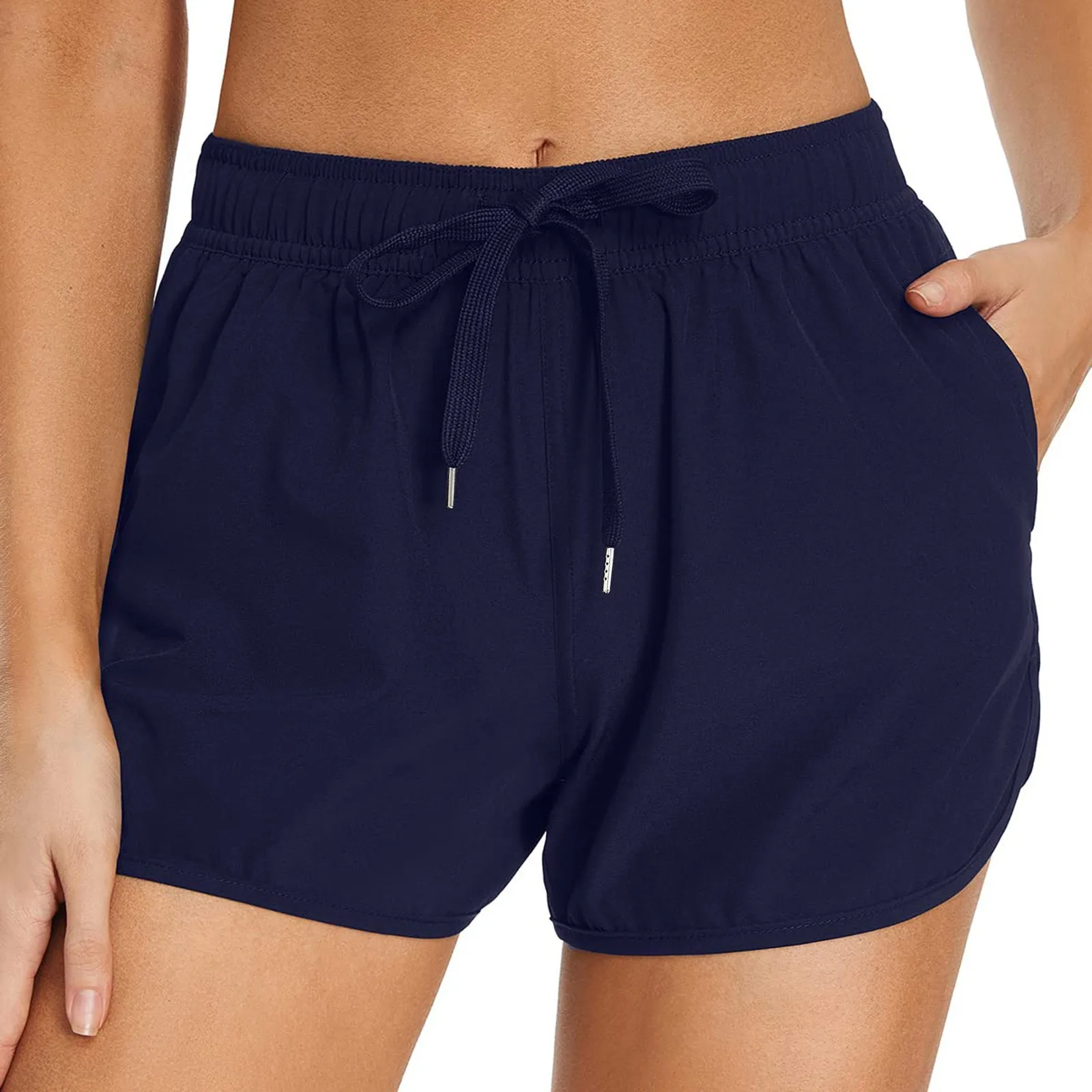 Women's Swim Shorts With Pockets High Waisted Solid Color Loose Shorts Drawstring Elastic Waisted Casual Ladies Shorts ﻿