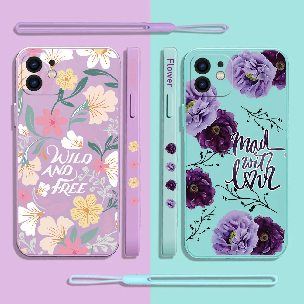 

Purple Flower Love Phone Case for Oneplus Nord 3 2 9R 9 8T 8 7 7T Pro 6 5G Liquid Silicone Cover with Hand Strap