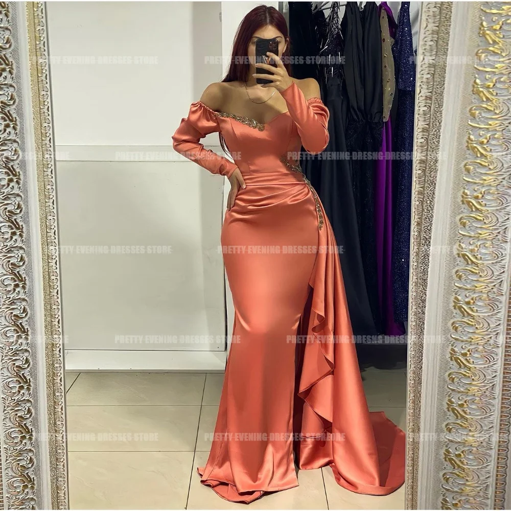 Luxury Off Shoulder Evening Dresses 2024 Woman's Mermaid Formal Sexy Satin V Nexk Party Prom Gowns Long Sleeve Vestidos De Festa