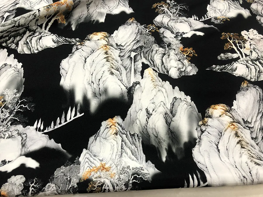 Designer Cloth 30 Momme Heavy Crepe Stretch Silk Clothing Fabric Black Background Chinese Landscape Painting Inkjet Dress