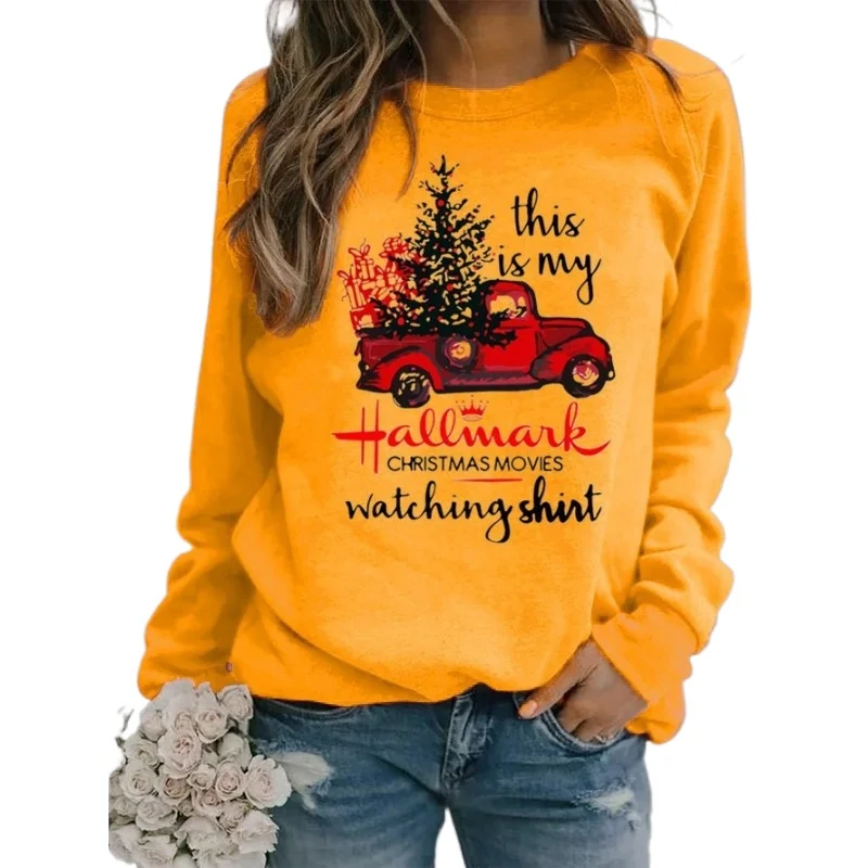 Christmas Tree Car Printed Long Sleeve Collar Loose Round Neck Hoodie Winter Autumn Graphic T Shirts  Women Clothing