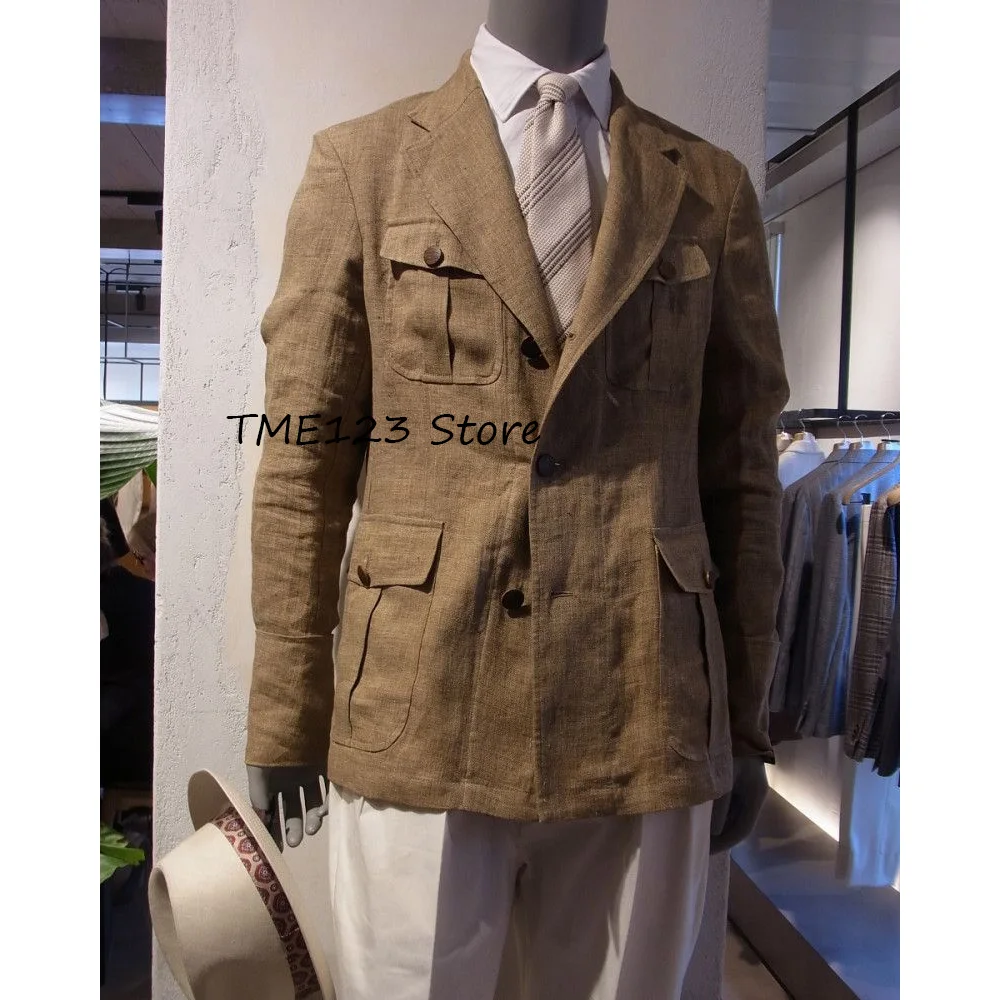

Men's Casual Jackets for Suit Linen Fabric Man Coat Notch Lapels Single-breasted Daily Wear Four Buttoned Pockets Fashion Suits