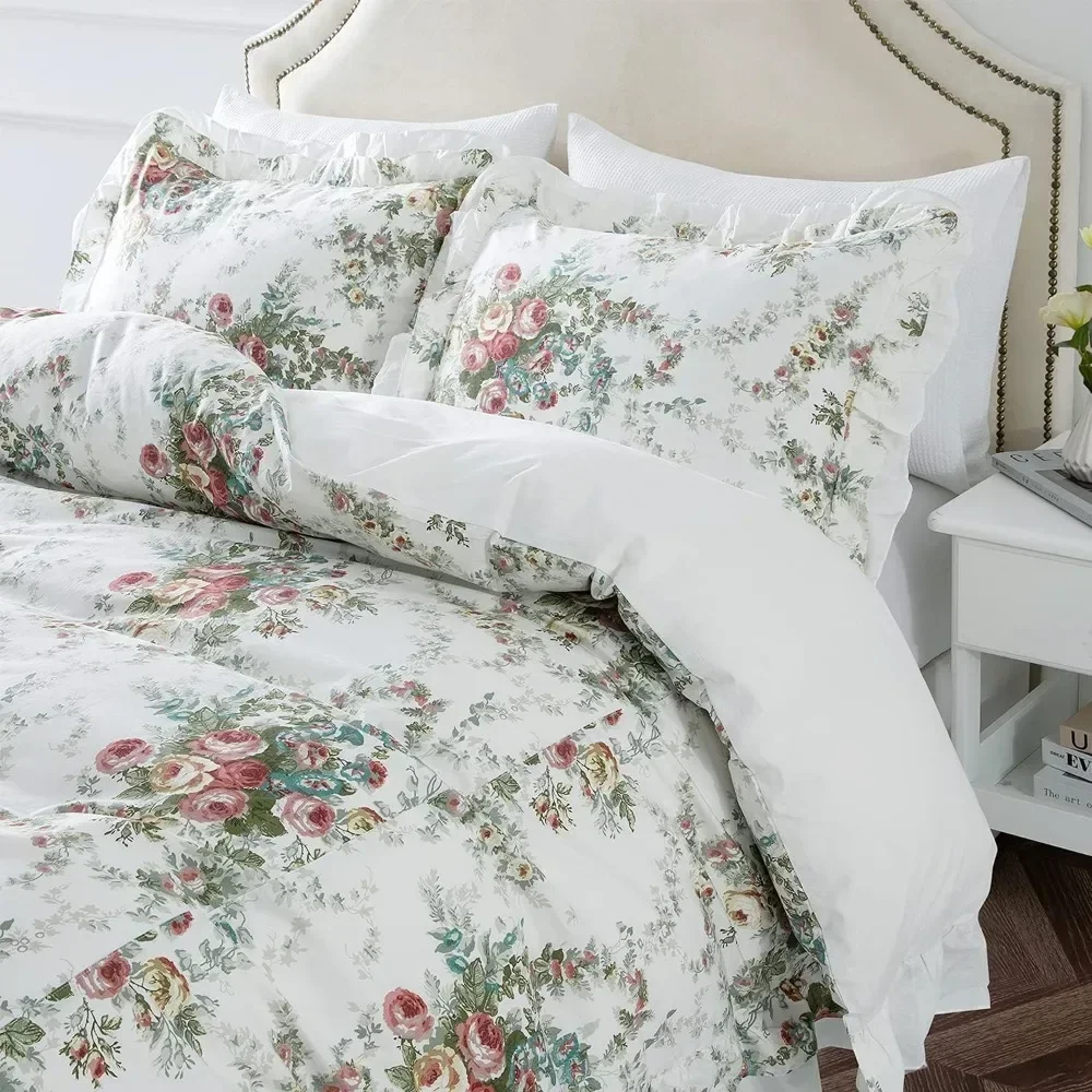 

100% Cotton Duvet Cover Set, Shabby Rose Printed Ruffled Duvet Cover ，Easy Care，Bedding Duvet Cover Set