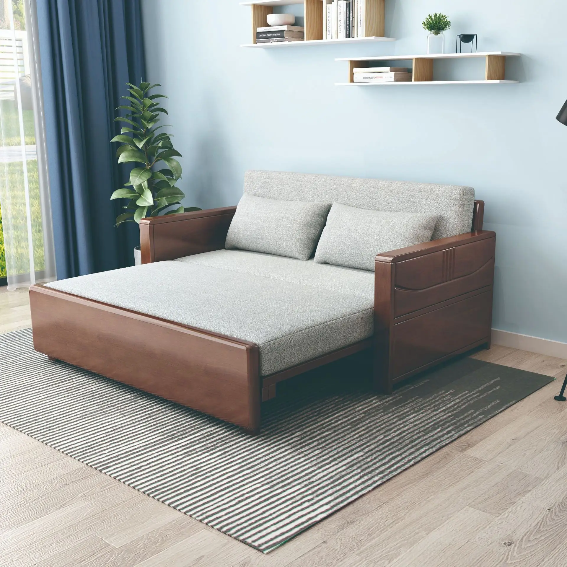 

All solid wood folding push-pull sofa bed integrated multi-functional folding bed simple small retractable lunch break bed