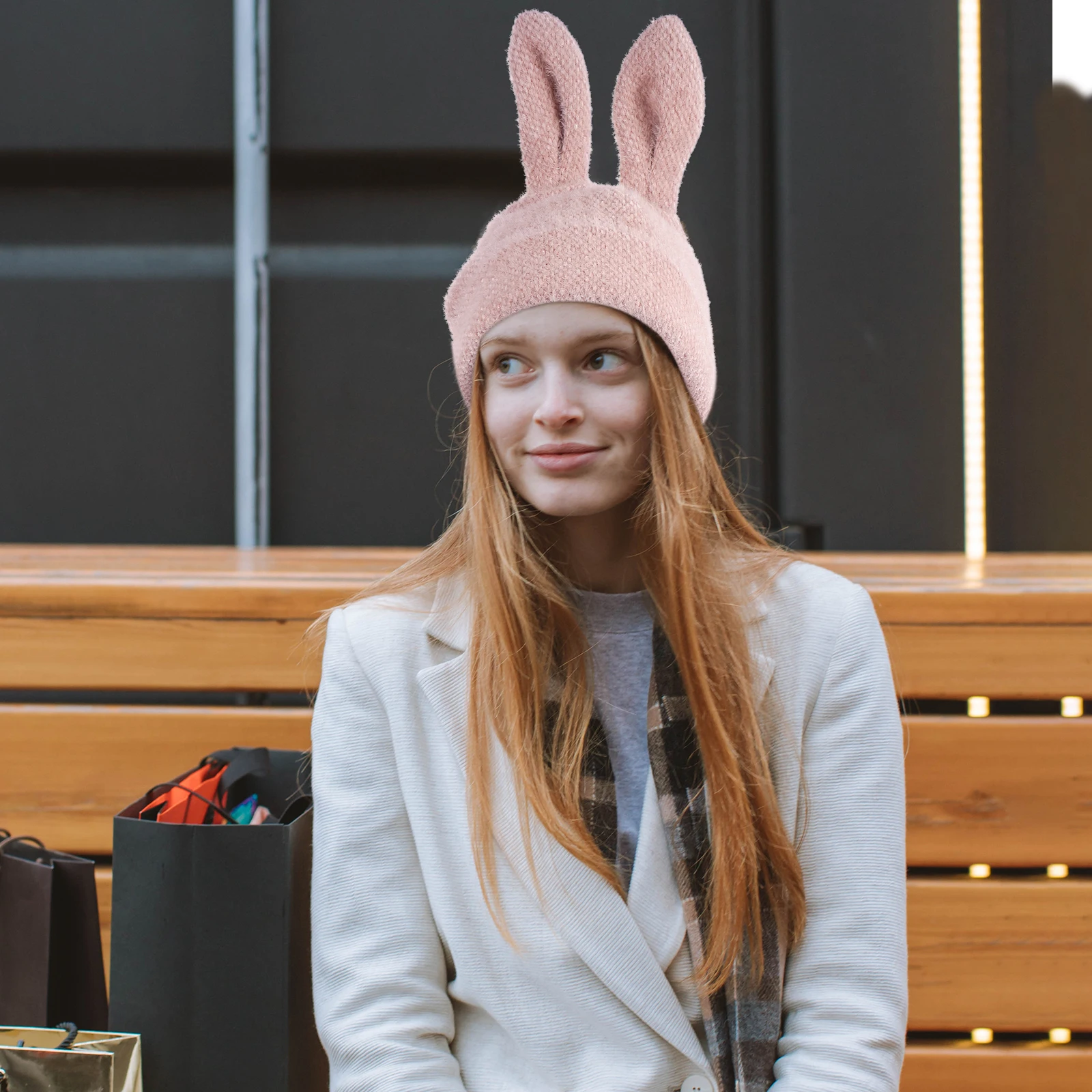 

Cute Rabbit Beanie Hat Chenille Fabric Warm Hats Women Women Hat Girl 56-58cm Pink Match Clothing Stylish
