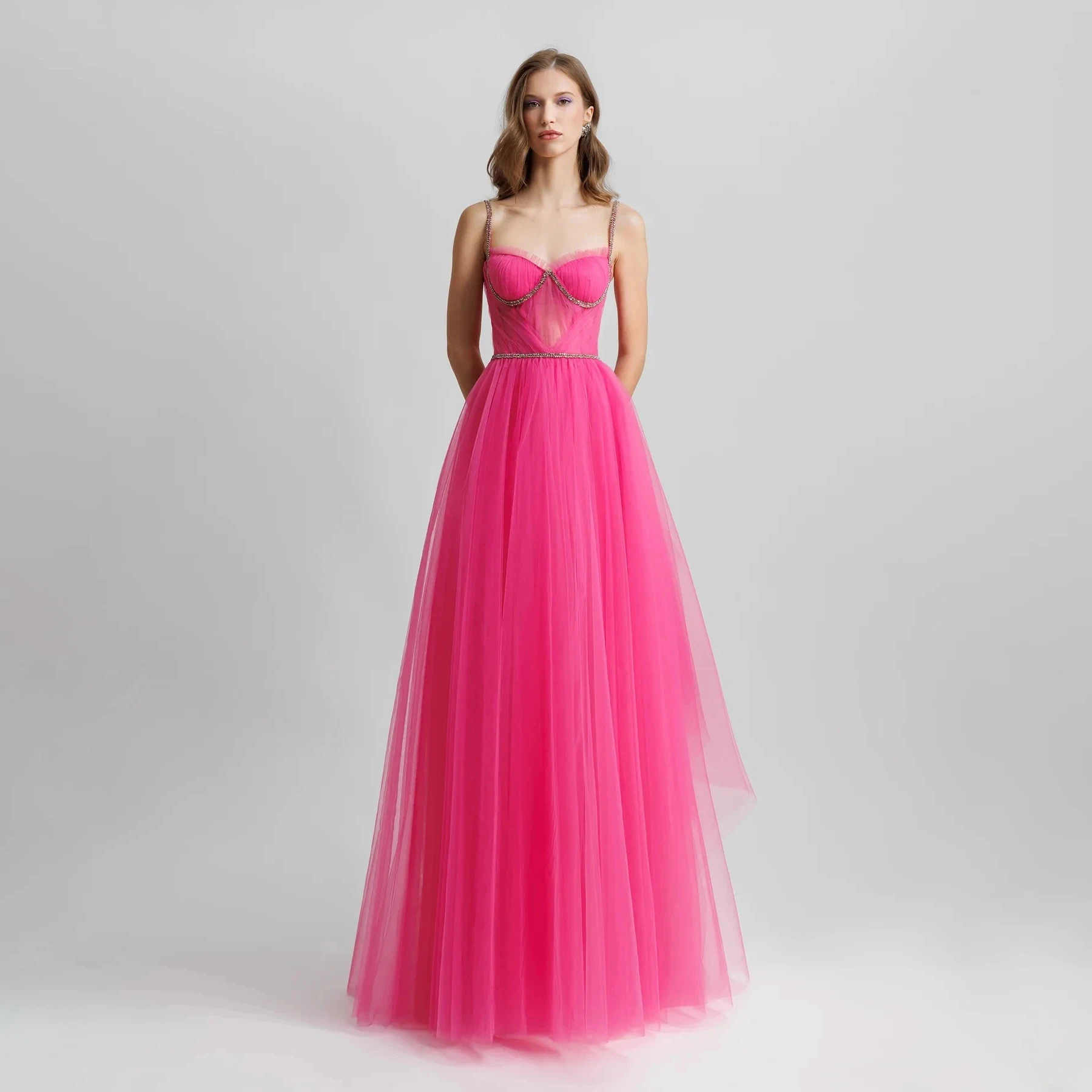 Classic Fuchsia Layered Tulle Long Maxi Gowns With Delicate Crystal Pretty Hot Pink Tutu Tulle Asymmetrical Women Party Dress