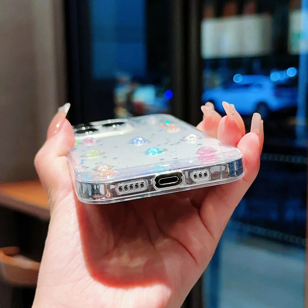 حافظة لهاتف آيفون 16 15 14 Plus 13 11 12 Pro Max Plus بالترتر غطاء شفاف مزين بالترتر ثلاثي الأبعاد