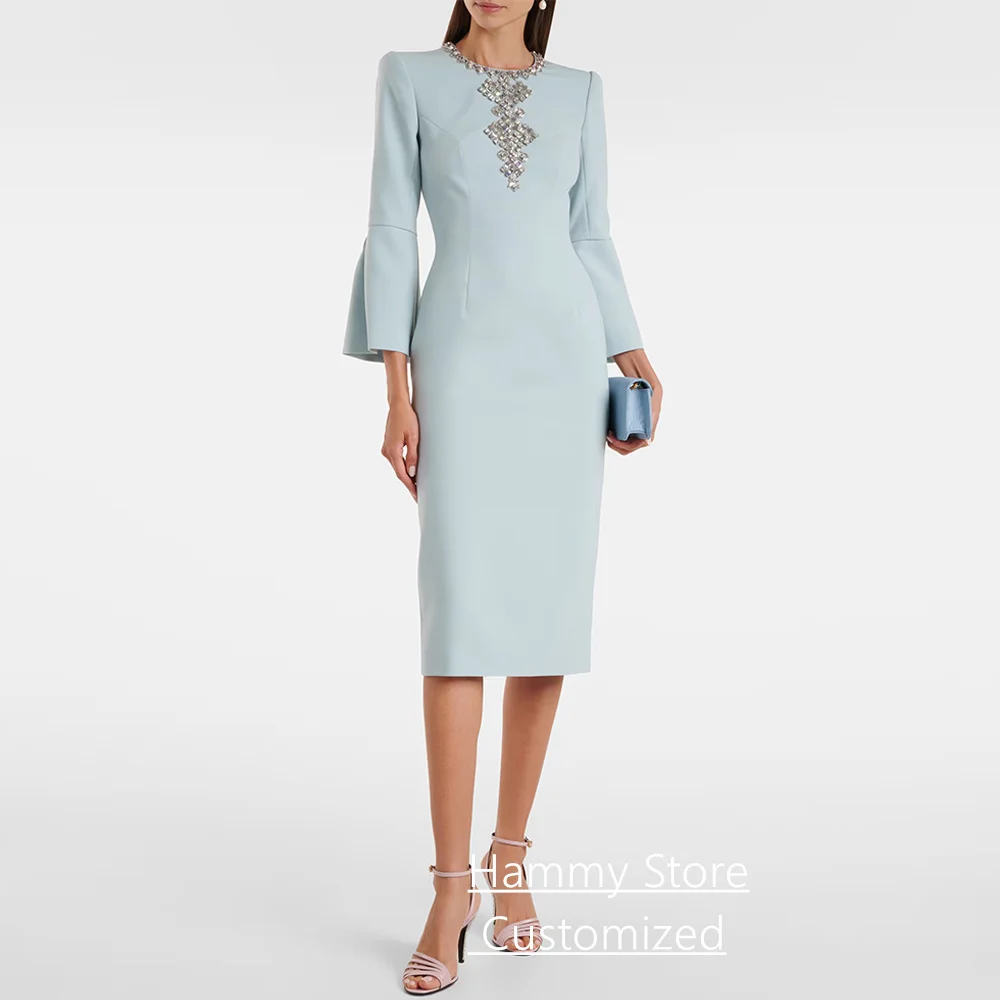 

Short Evening Dress Customized Flare Sleeves Round Neck Crystal Knee Length Saudi Arabia Party Gown Formal Prom Dresses