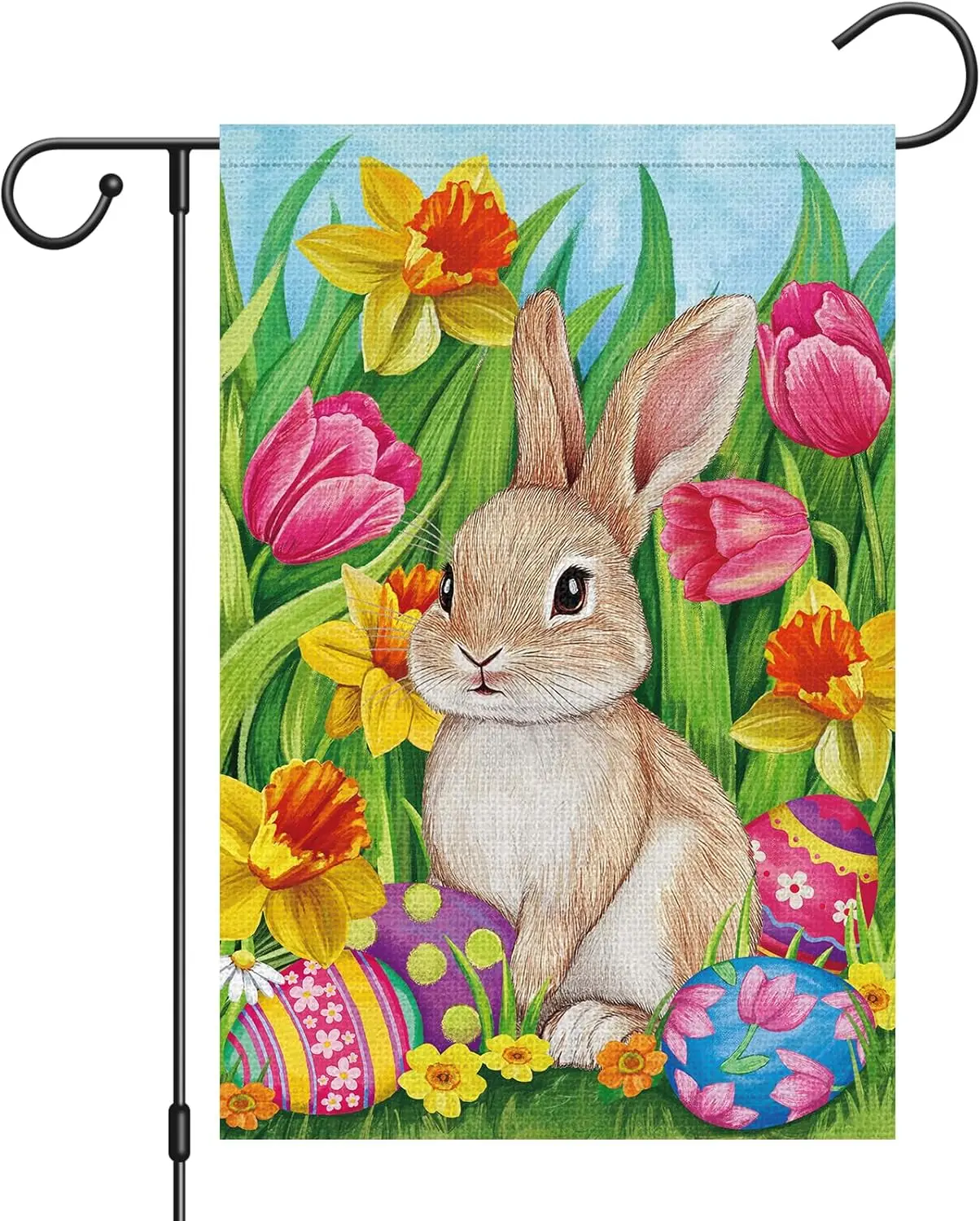 Heyfibro Easter Rabbit Garden Flag 12x18 Double Sided Burlap, Easter Egg Tulip Floral Small Yard Flag Banner for Easter Holi EEZ