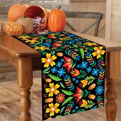 Colorful Flowers Table Runner Mexican Fiesta Day of The Dead Linen Table Runner Table Decoration for Kitchen Banquet Party Decor