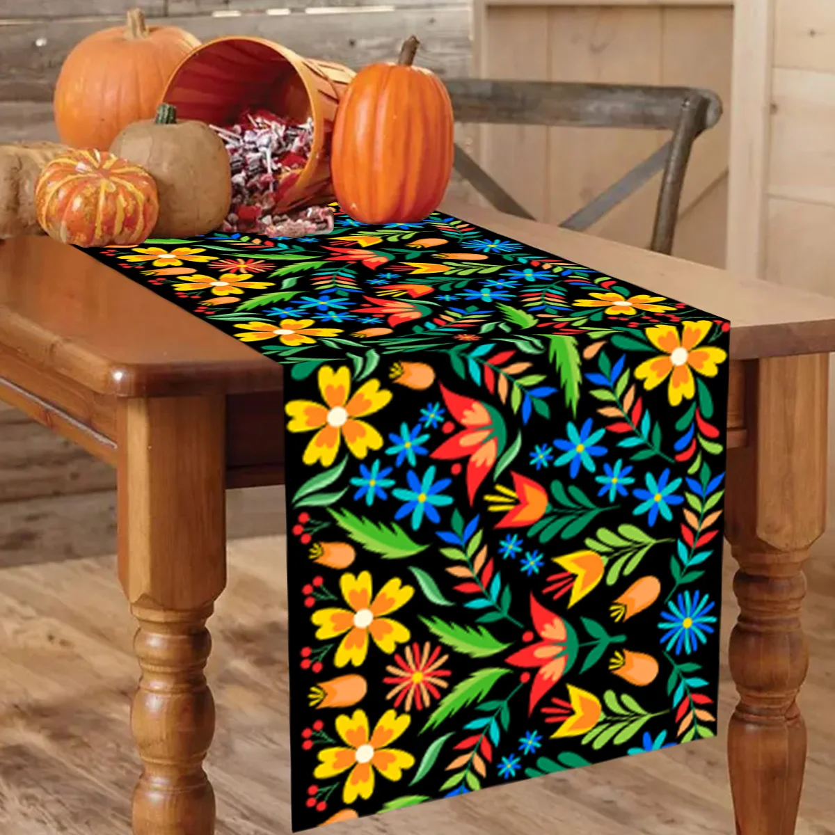 Colorful Flowers Table Runner Mexican Fiesta Day of The Dead Linen Table Runner Table Decoration for Kitchen Banquet Party Decor