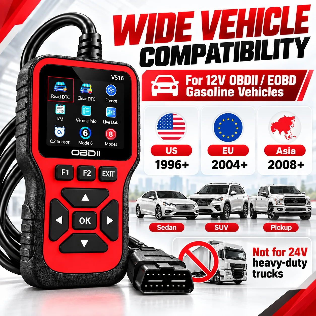 V516 OBDII Engine Code Scanner Car Diagnostic Tool Read Clear Fault Codes Live Data O2 Sensor Test I/M Readiness Tester
