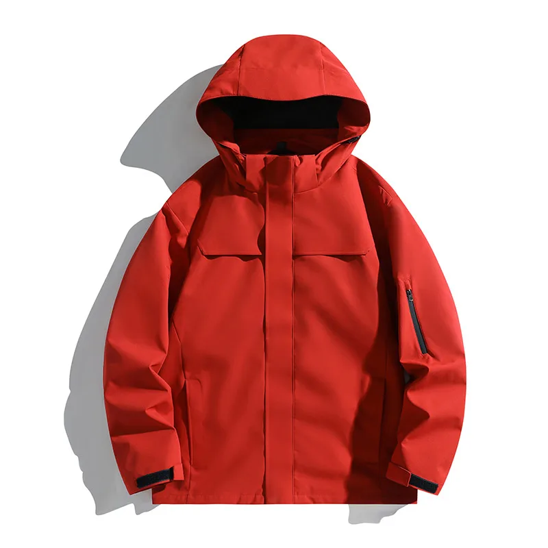 

Men's Hooded Waterproof Jacket Autumn Red Raincoat Outdoor Casual Loose Workwear Camping Hiking Coat Travel Windbreaker Brown