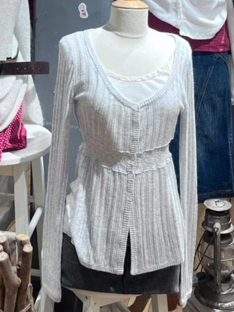 

Sweet Hollow Out Slim Long Sleeve T-shirt Women Solid O-Neck Single Breasted Cotton Tees Simple Chic Knit Tshirt Y2K Tops New