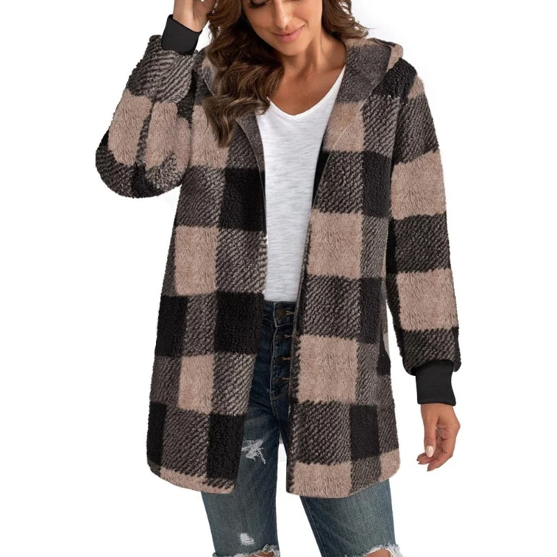 NONE Frauen Herbst Winter Doppel Fleece Plaid Strickjacke Weiche Lose Lange Hülse Plüsch Warme Mit Kapuze Jacke Weibliche Patchwork Oberbekleidung Mantel 3