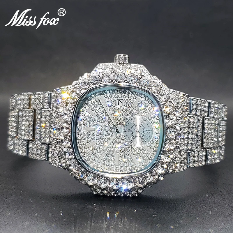 Men\'s Watches Luxury Classic Design Full Diamond Square Hand Clock Waterproof Hip Hop Quartz Watch For Men With Free Shipping