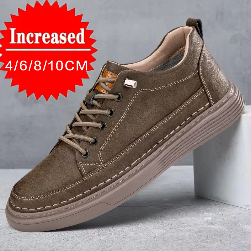

Men Booster Sneakers Chunky Elevator Shoes Brown/Black Leather Man Breathable Casual Board Shoes Height Increased By 4/6/8/10cm