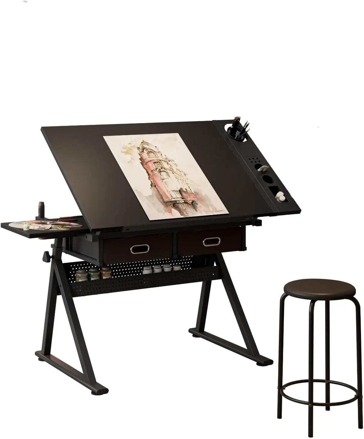 Adjustable Drawing Drafting Table Desk with Stool & 2 Storage Drawers, 38.58
