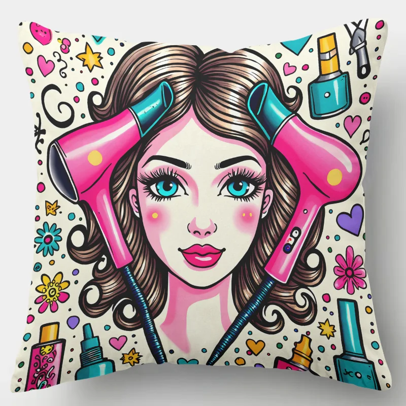 Retro Hairdresser Pillow Case, Pop Art Beauty Cushion Cover, Pink Blow Dryer Decor, Funny Salon Home Textile, Gift for Stylists