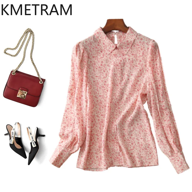 

KMETRAM Spring Mulberry Silk Blouse Woman Floral Lantern Sleeve Tops for Woman Clothing 2025 Elegant Shirts Blusas Para Mujer