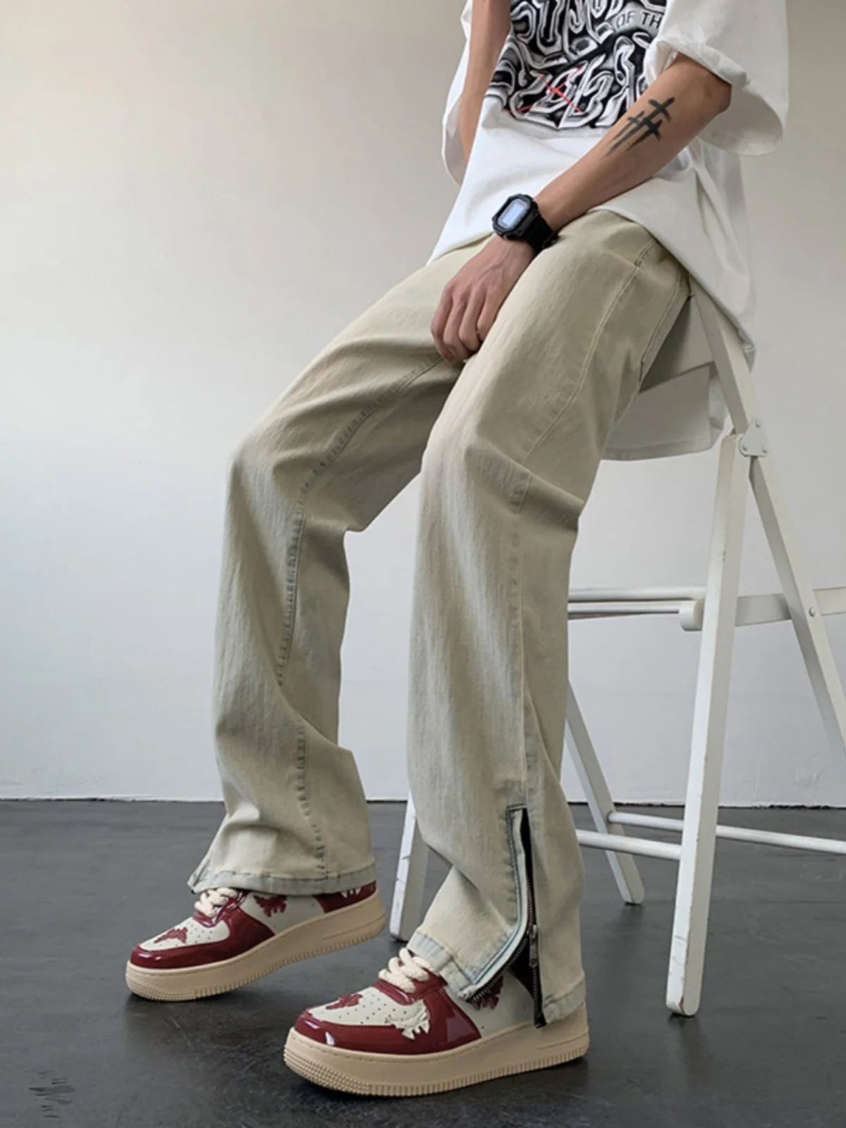 

American Style Men's Jeans High Street Trend Design Yellow Mud Zipper Pocket Long Straight Casual Trousers Autumn Fashion