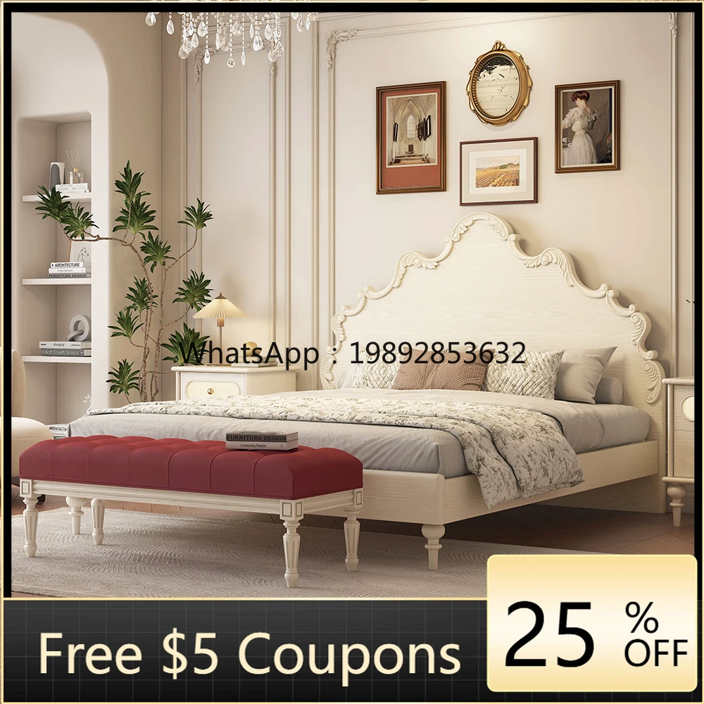 

YFY French Cream Style Retro Solid Wood Bed Master Bedroom Double Bed White Bedroom Furniture American Wedding Bed