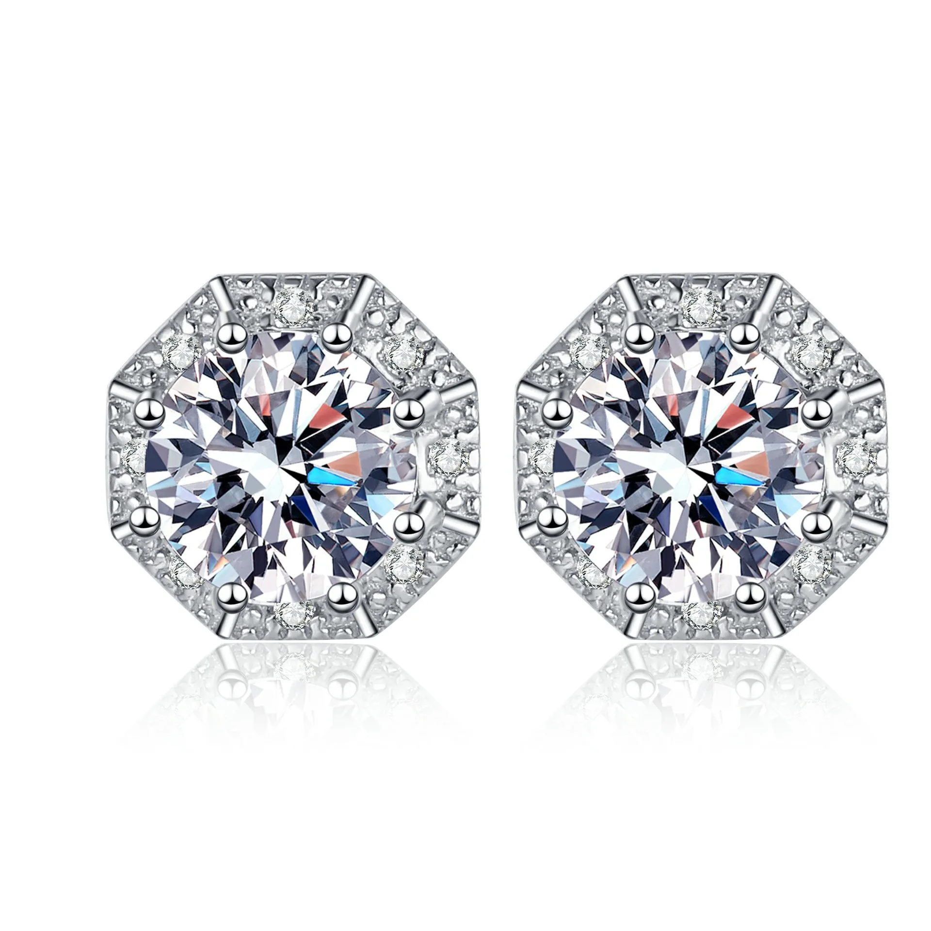 Platinum 2 Carat Moissanite Diamond Stud Earrings for Women Octagonal Star Earrings Simple High-level Pt950 Wedding Jewelry