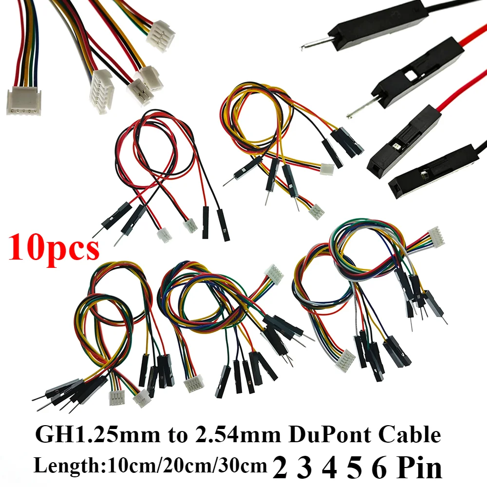 10pcs GH1.25 to 2.54 DuPont 1P Terminal Wire GH1.25mm 2 3 4 5 6 Pin to 2.54mm DuPont Head Cable Connector Line 20CM with Lock