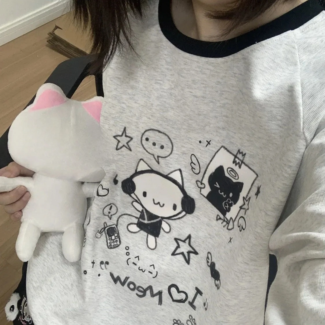 التباين اللون شريطية طويلة الأكمام البلوز الخريف اليابانية الخريف الشتاء الكرتون ثقافة فرعية الرياضة البلوز Y2k الجمالية