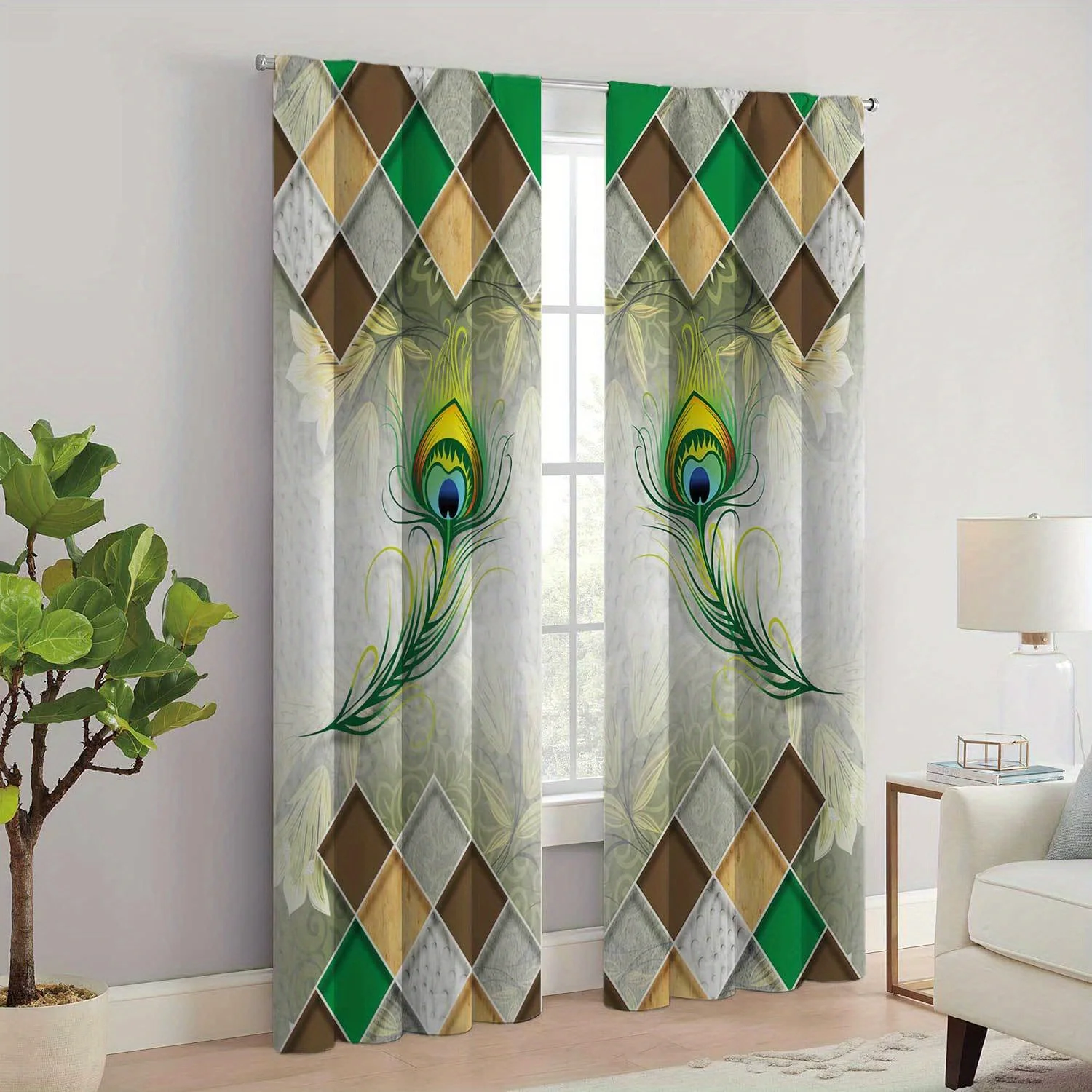 

2-Piece Set Peacock Feather Print Curtains Bohemian Style Polyester Drapes For Living Room Bedroom Kitchen Window Blinds Decor