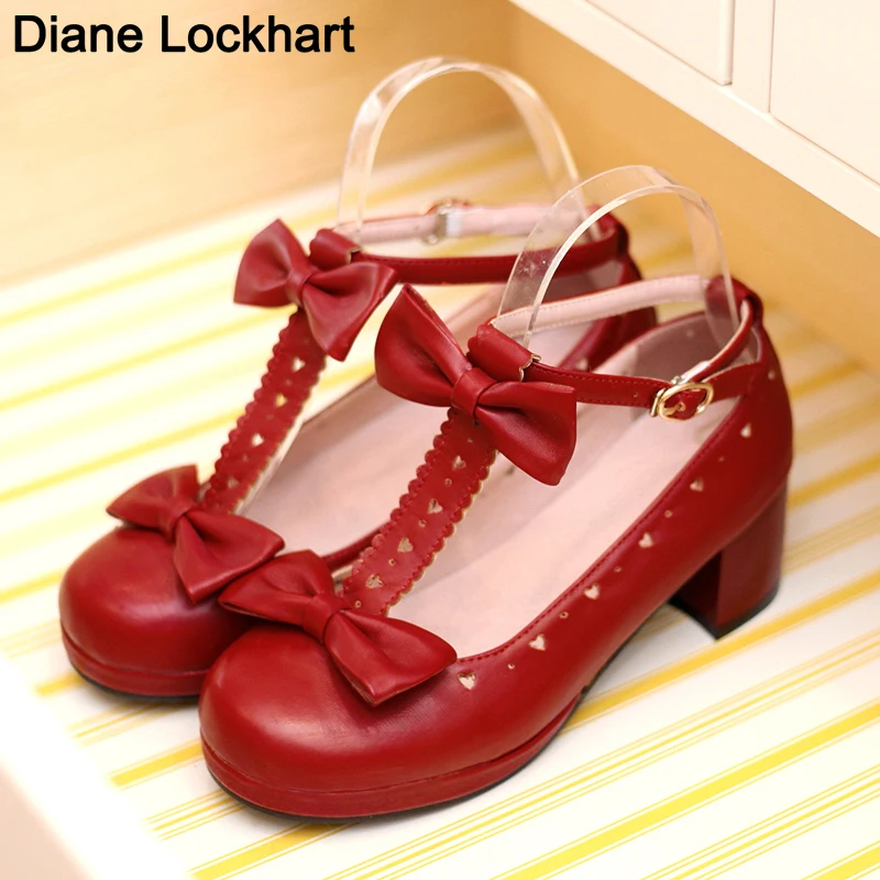 Sweet T Strap Mary Jane Shoes Woman Student Low Heels Girl Round Toe Pumps Women Red Bow Buckle Lolita Shoes Ladies 33 41