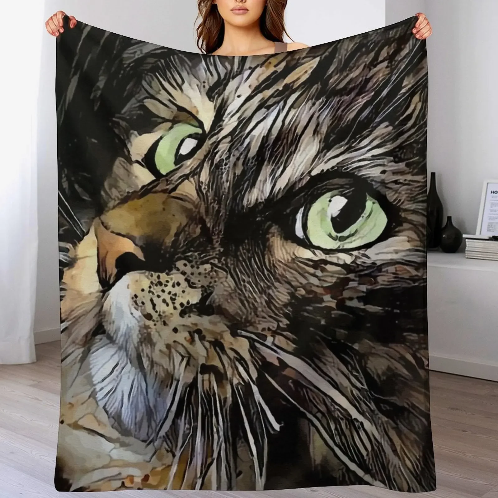 Couverture décorative élégante Myriss, chat, chat, chat, lea roche painting, cadeau pour amis et camarades de chambre
