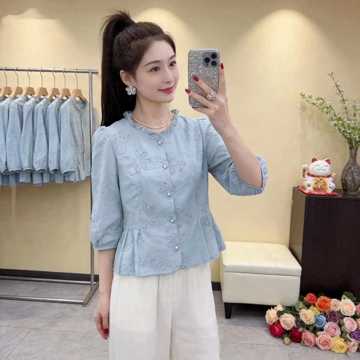 

Шикарная модная рубашка с рюшами и вышивкой, с рукавами 3/4, весенне-летняя, приталенная, универсальная, для молодых женщин