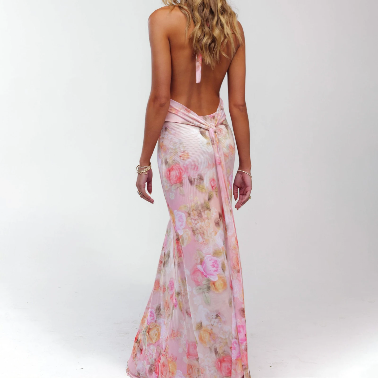 

Women's Summer Sleeveless Tie-up Halter Deep V-Neck Backless Flower/Dots Print Ruffle Hem Mesh Ruched A-line Long Dress