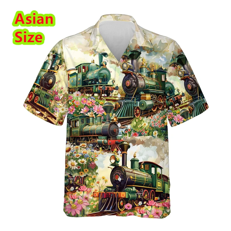

Funny Mens Shirts Train 3d Print Summer Hawaiian Beach Tops Casual Short Sleeve Blouse Streetwear Mens Dress Shirtle Clothes