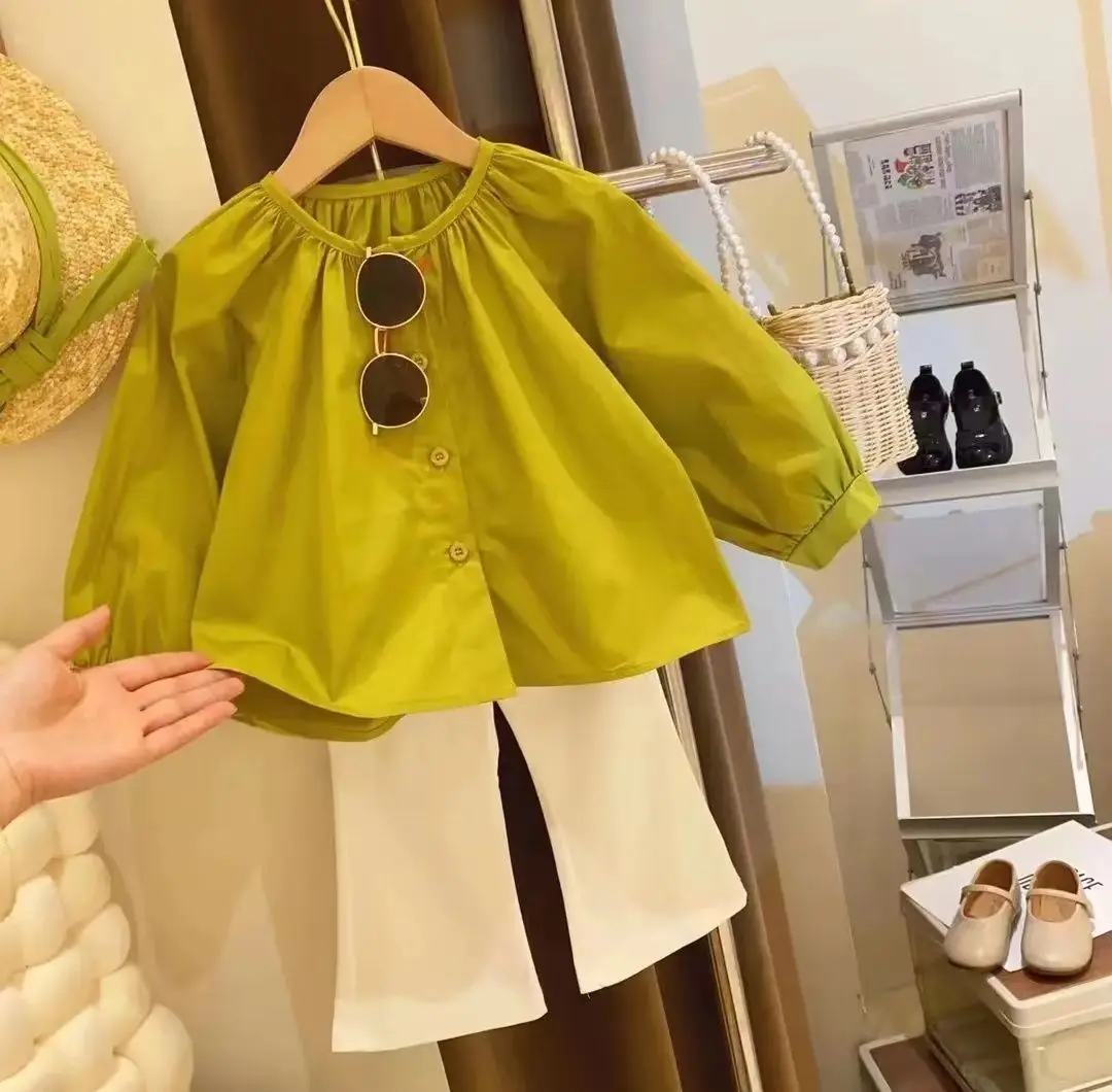 

Весенне-осенняя детская однотонная кукольная рубашка с рукавами-фонариками, повседневные штаны Micro La, комплект из 2 предметов, модный комплект одежды для маленьких девочек