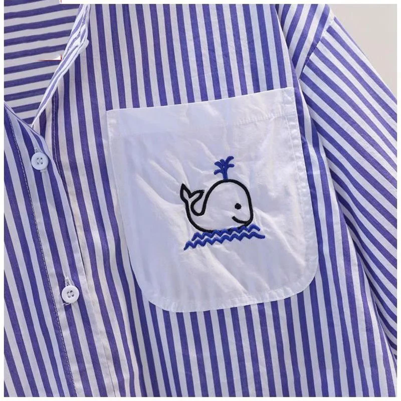 Casual Comfort Simply Short Sleeved Blue Striped Embroidery Shirt for Women\'s Summer Loose Slimming Trendy Contrasting Color Top