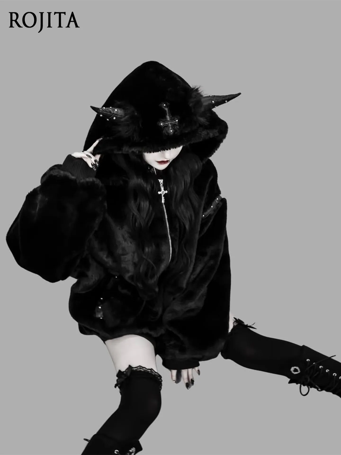 Dark Gothic Lolita Hooded Faux Fur Coat Black Oversized Zip-Up Jacket with Horns Cross Chain Harajuku Punk Outerwear