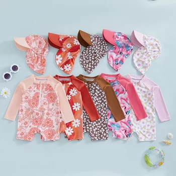 Tregren Toddler Girl Long Sleeve Swimsuit Floral/Flamingo Print Half Zipper Rash Guard Swimwear with Sun Hat Infant Beachwear