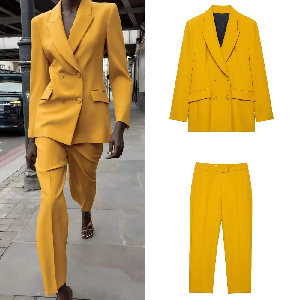 

Women's new fashion with shoulder pads loose double breasted lapel suit Coat retro long sleeved women's Coat chic top+Pants suit