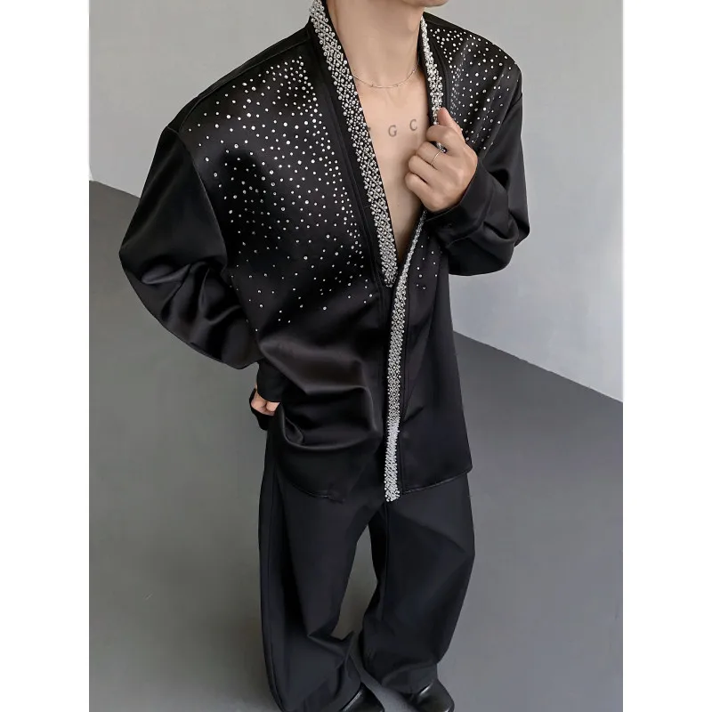 Luxury Men's Hot Stamping Diamond Studded Star Studded V-neck Shirt High Street Casual Social Shirt Party Banquet Star Shirts