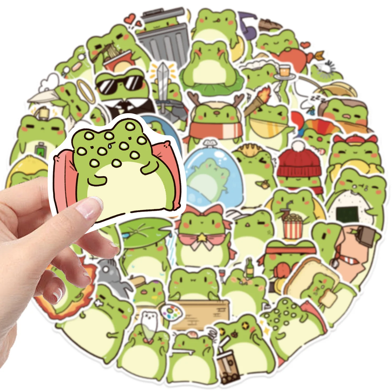 ‌50/100Pcs Funny Cartoon Frog Stickers - Unique Non-repeating Waterproof Decals for Phone, Cup, Notebook, Fridge, Pencil Box