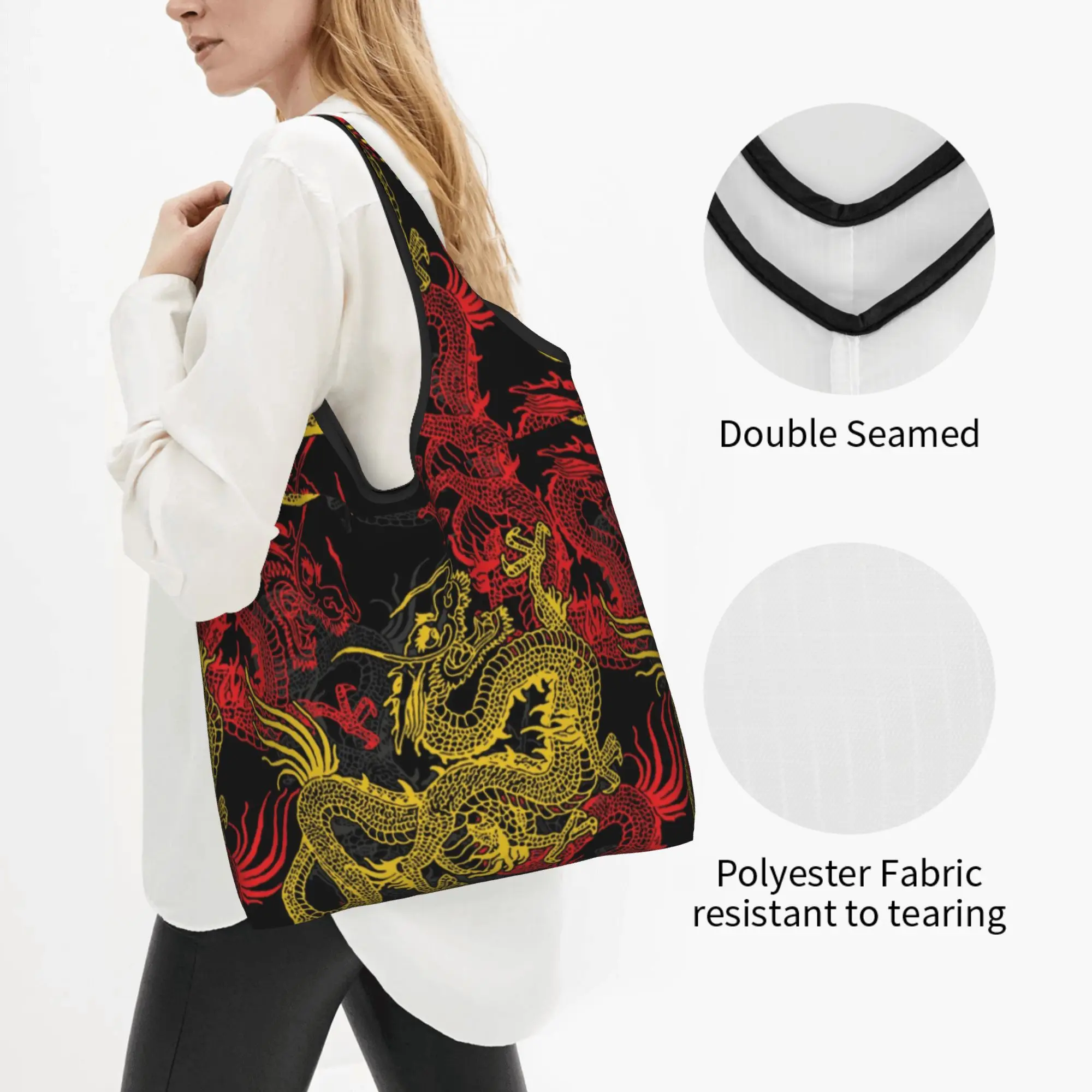 Custom Golden Chinese Dragon Pattern Shopping Bag Women Portable Big Capacity Groceries Oriental Mythical Shopper Tote Bags