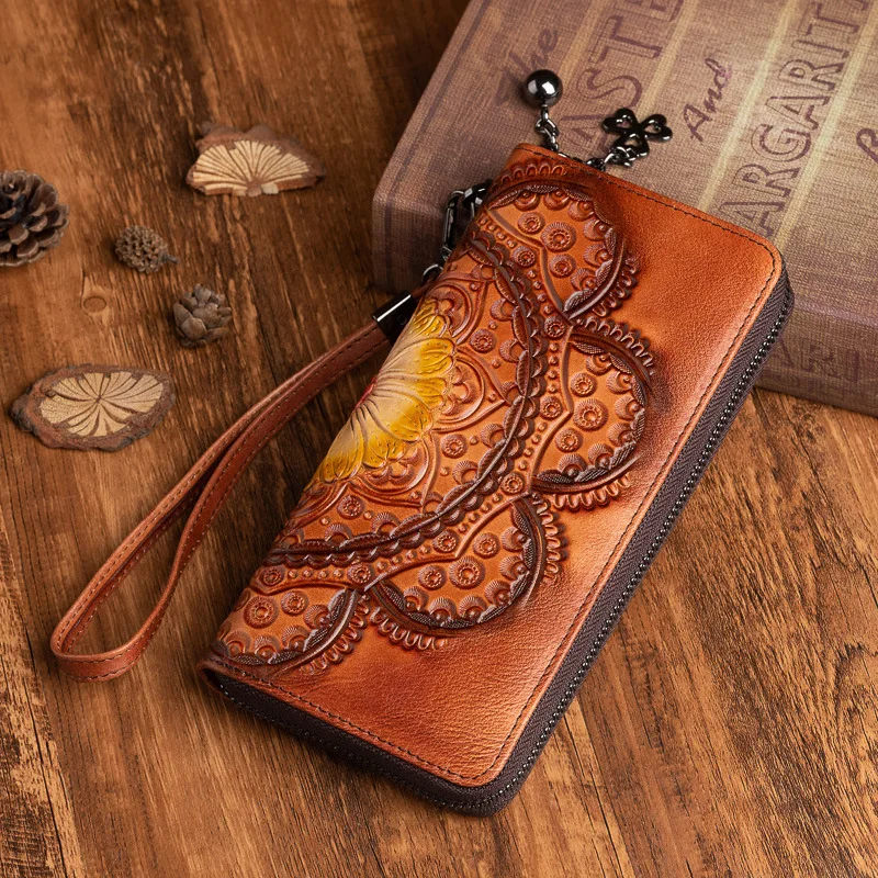 Johnature 2024 New Vintage Genuie Leather Women Wallet Handmade Embossing Long Hand Wallets Card Holder Lady Cowhide Purse