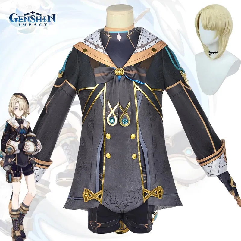 Spiel Genshin Impact Freminet Cosplay Kostüm Fontaine Perücke schwarz Umhang Jacke Uniform Outfit Karneval Halloween Party Kleidung