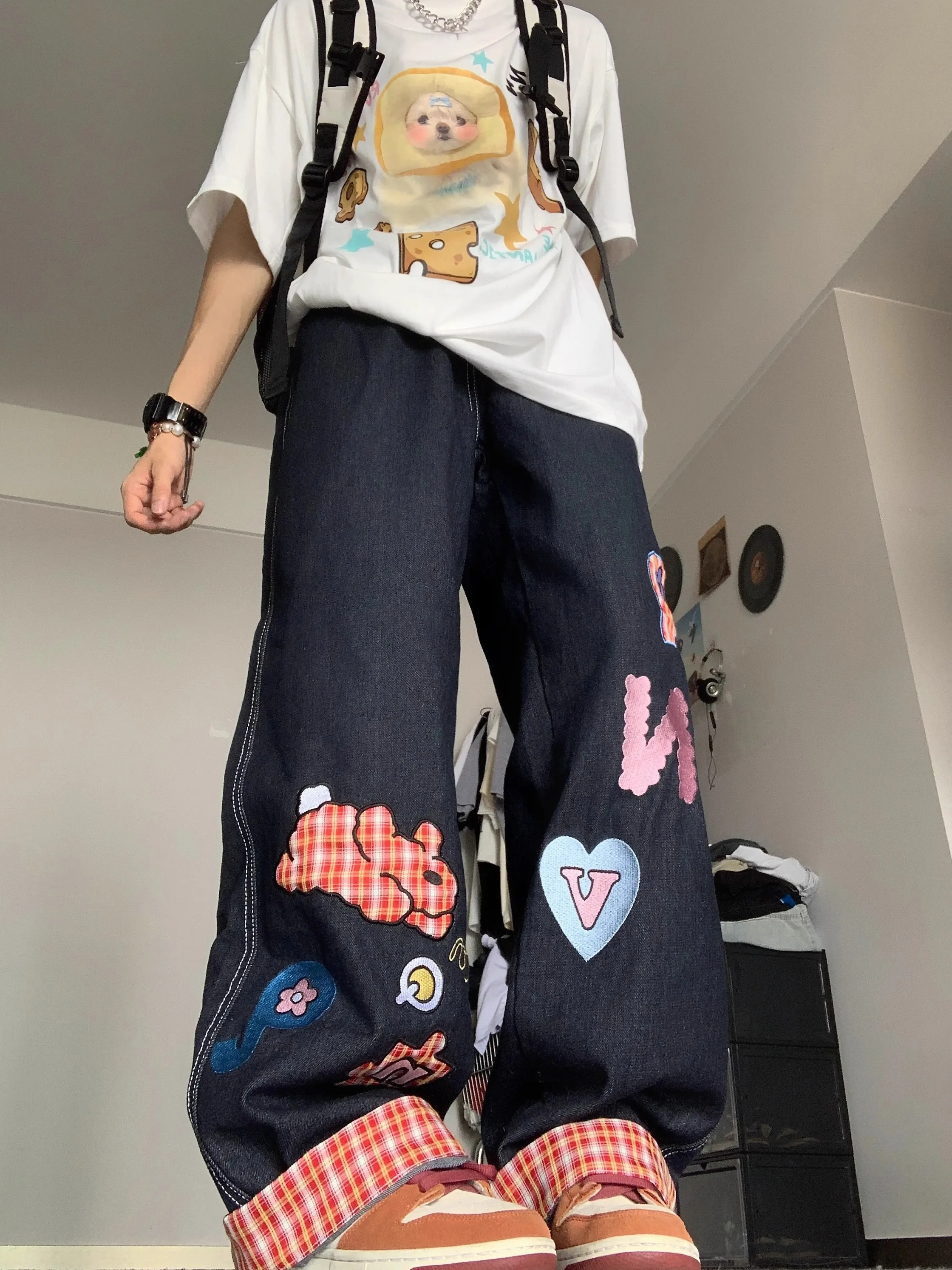 Pantaloni della tuta Vintage jeans larghi pantaloni posteriori stile Preppy coreano Streetwear Y2k lettera stampata pantaloni Patchwork gamba larga coppia