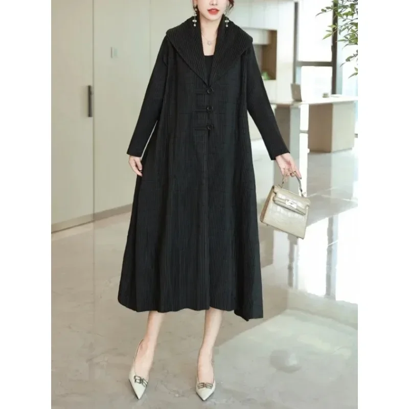 GGHK Plisowany damski długi płaszcz 2024Fall Winter New Solid Color Retro Design Lapel Long Sleeve Single Breasted Fashion Female Coat