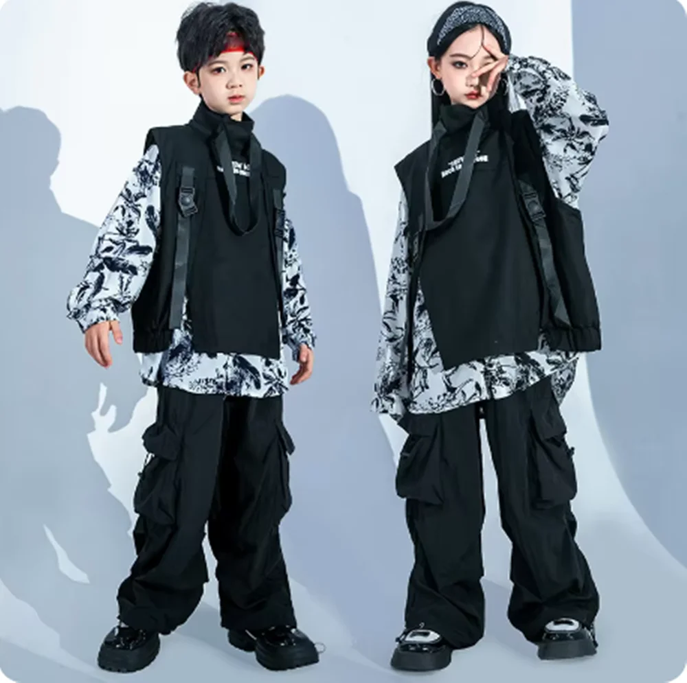 Costume de danse Hip Hop pour enfants, vêtements de danse de rue pour garçons, vêtements de jazz Kpop pour filles, tenue de scène de performance de tambour pour enfants, noir